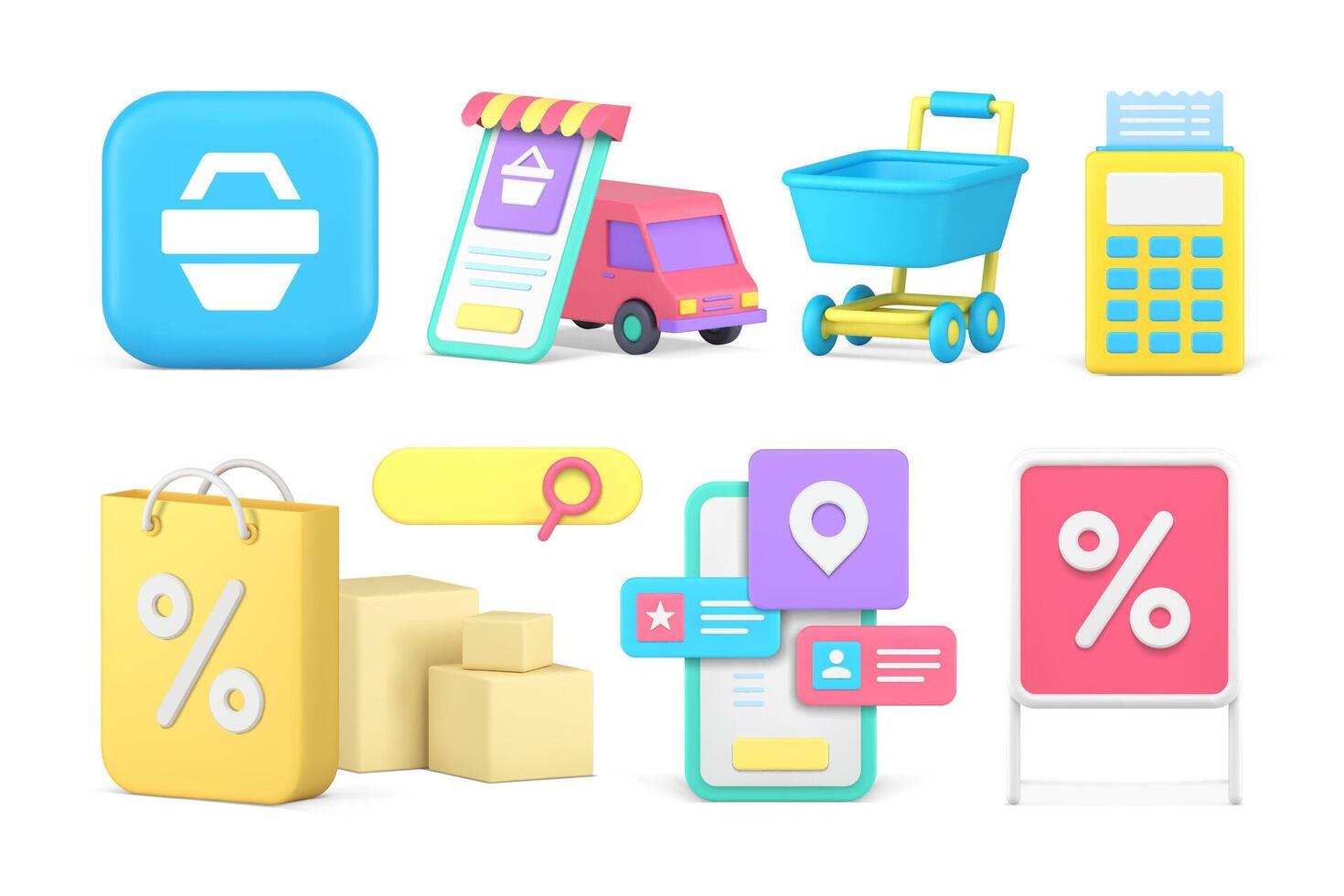 Internet shopping goods delivery order purchase smartphone application set 3d icon realistic vector