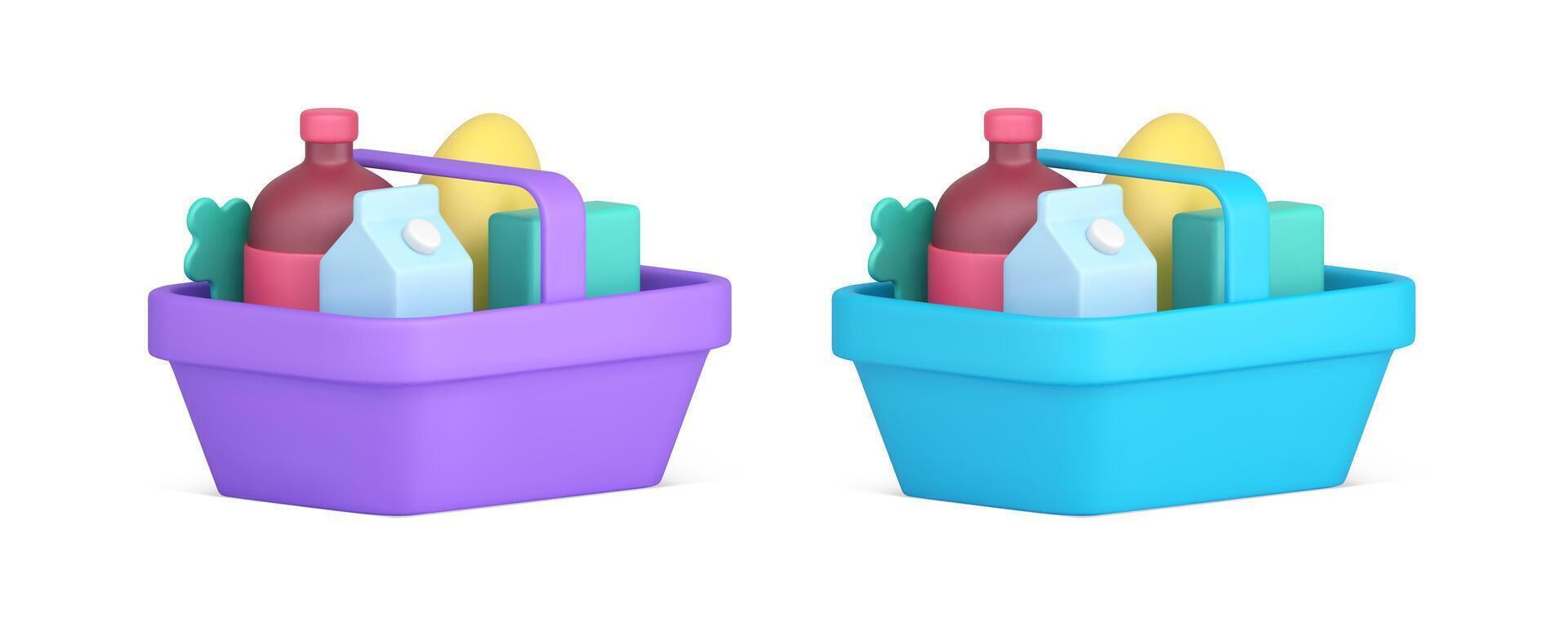 Grocery supermarket basket full of food product cart for carrying purchase 3d icon set vector