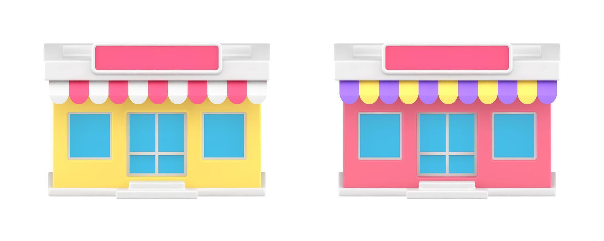 Local awning store street facade exterior storefront market grocery shop 3d icon set vector