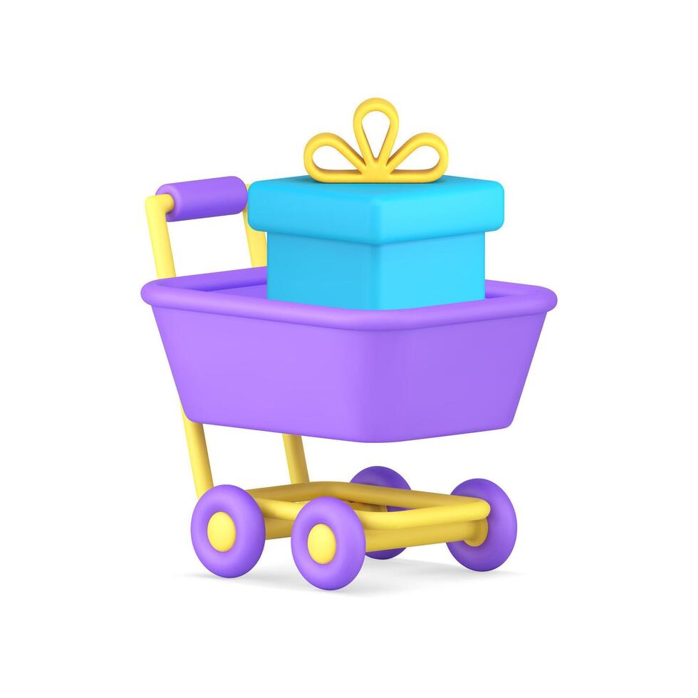 Gift box wrapped present in supermarket trolley cart shopping sale discount 3d icon realistic vector