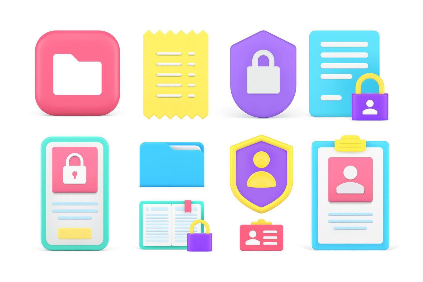 Personal data protection document database archive folder lock shield set 3d icon realistic vector