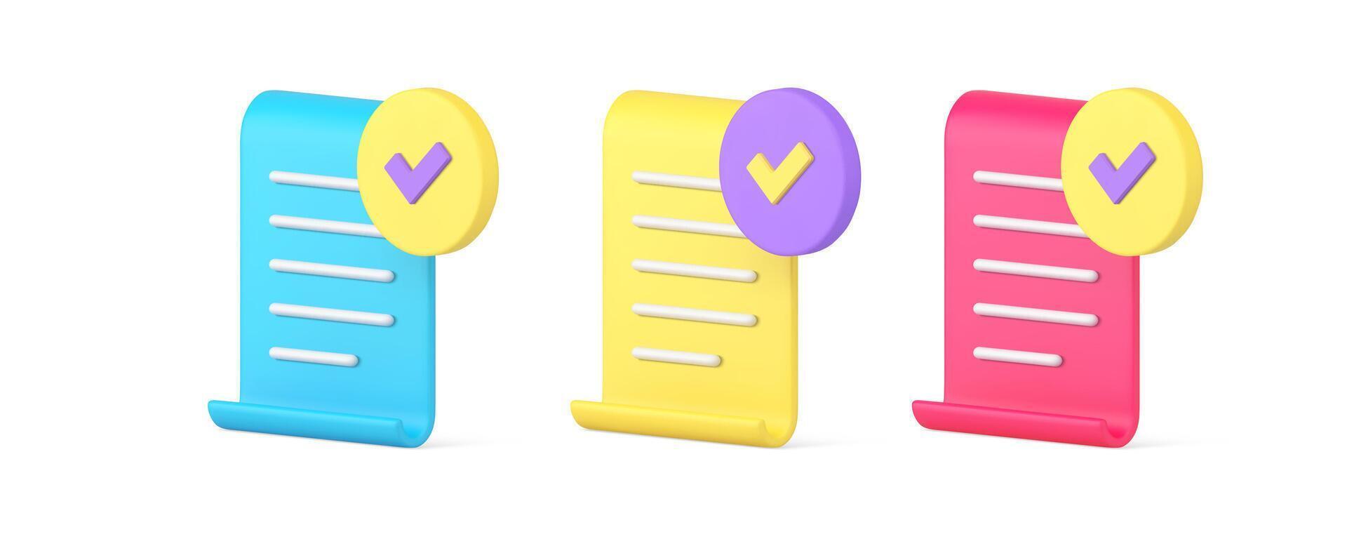 Paper document success check mark done agreement contract acceptance 3d icon set realistic vector
