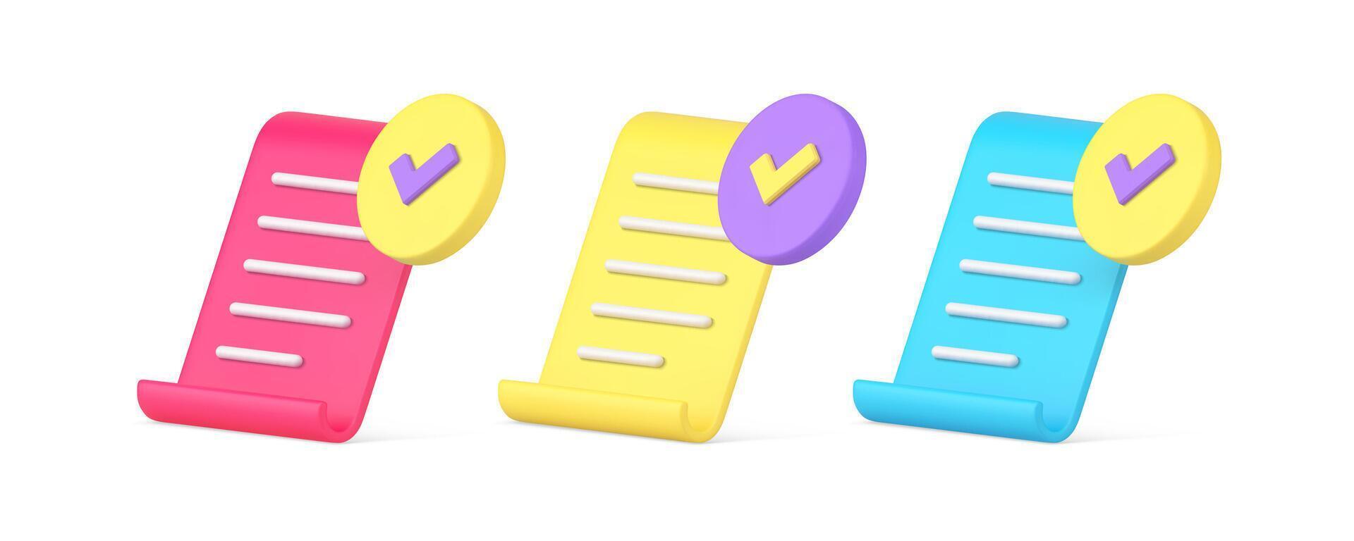 Document letter contract complete curved paper page 3d icon set realistic illustration vector
