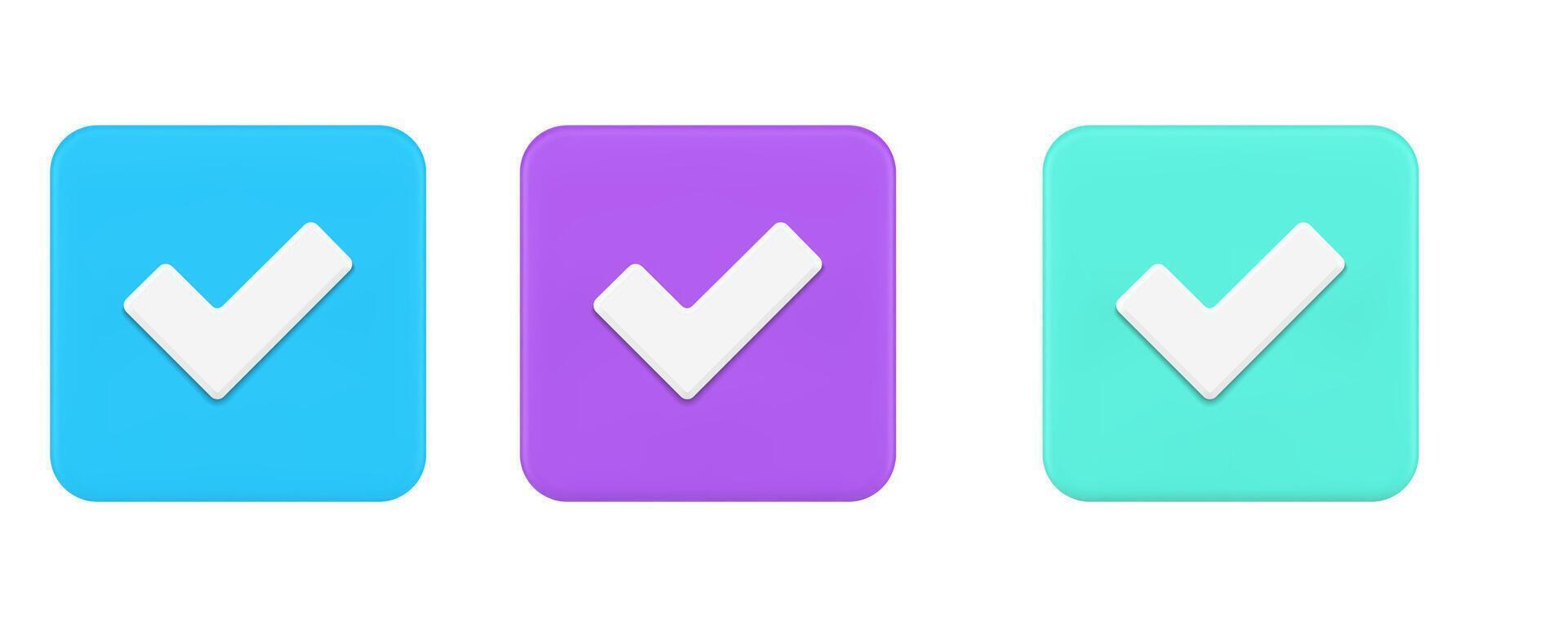 Check mark done accept square button positive solution correct confirmation 3d icon set vector