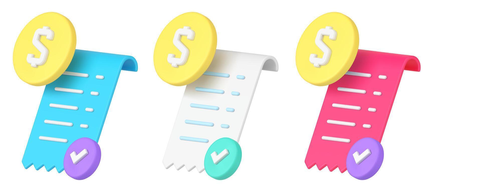 Success payment paper receipt banking purchase financial guarantee 3d icon set realistic vector