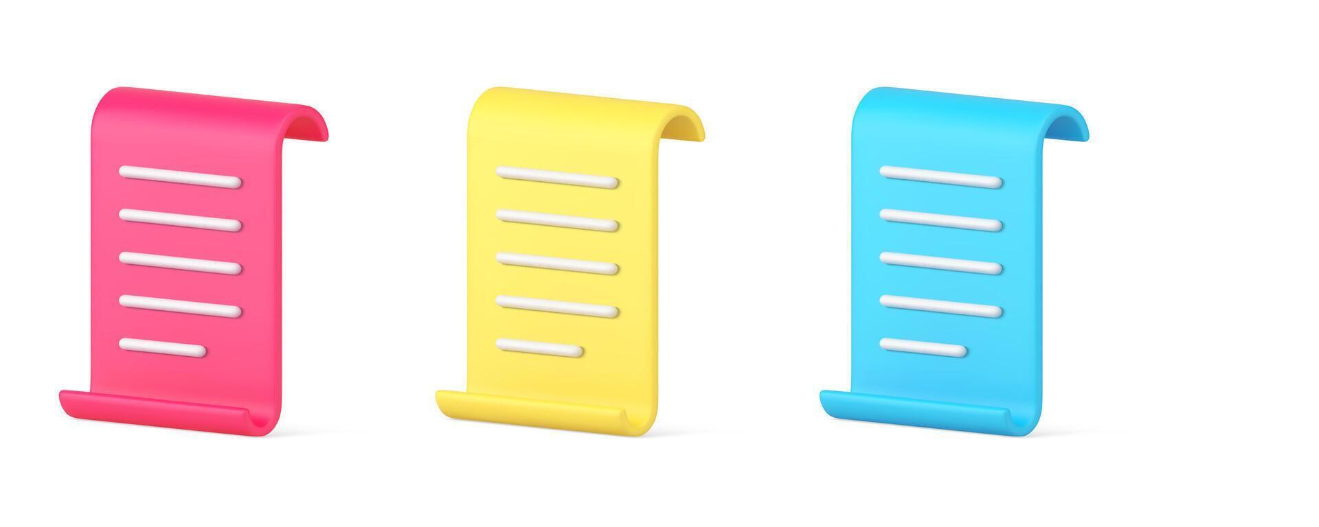 Paper sheet curved document with text agreement contract list reminder 3d icon set realistic vector