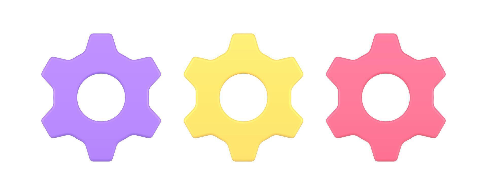 Gear mechanism machine cog development settings engineering process 3d icon set realistic vector