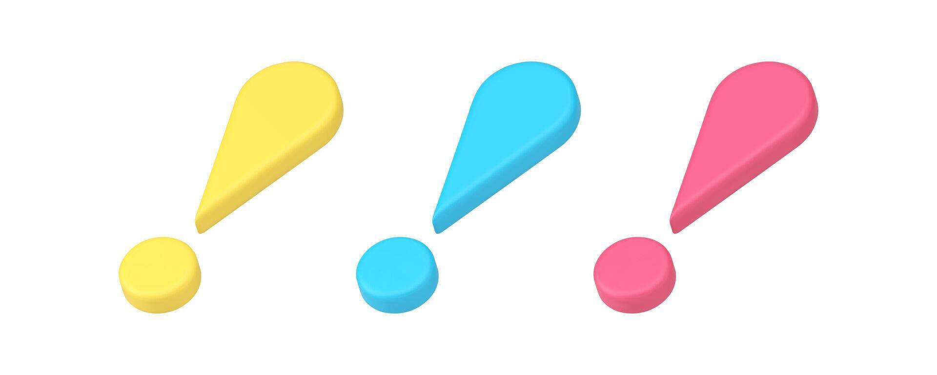 Exclamation mark caution attention important information 3d icon set realistic illustration vector