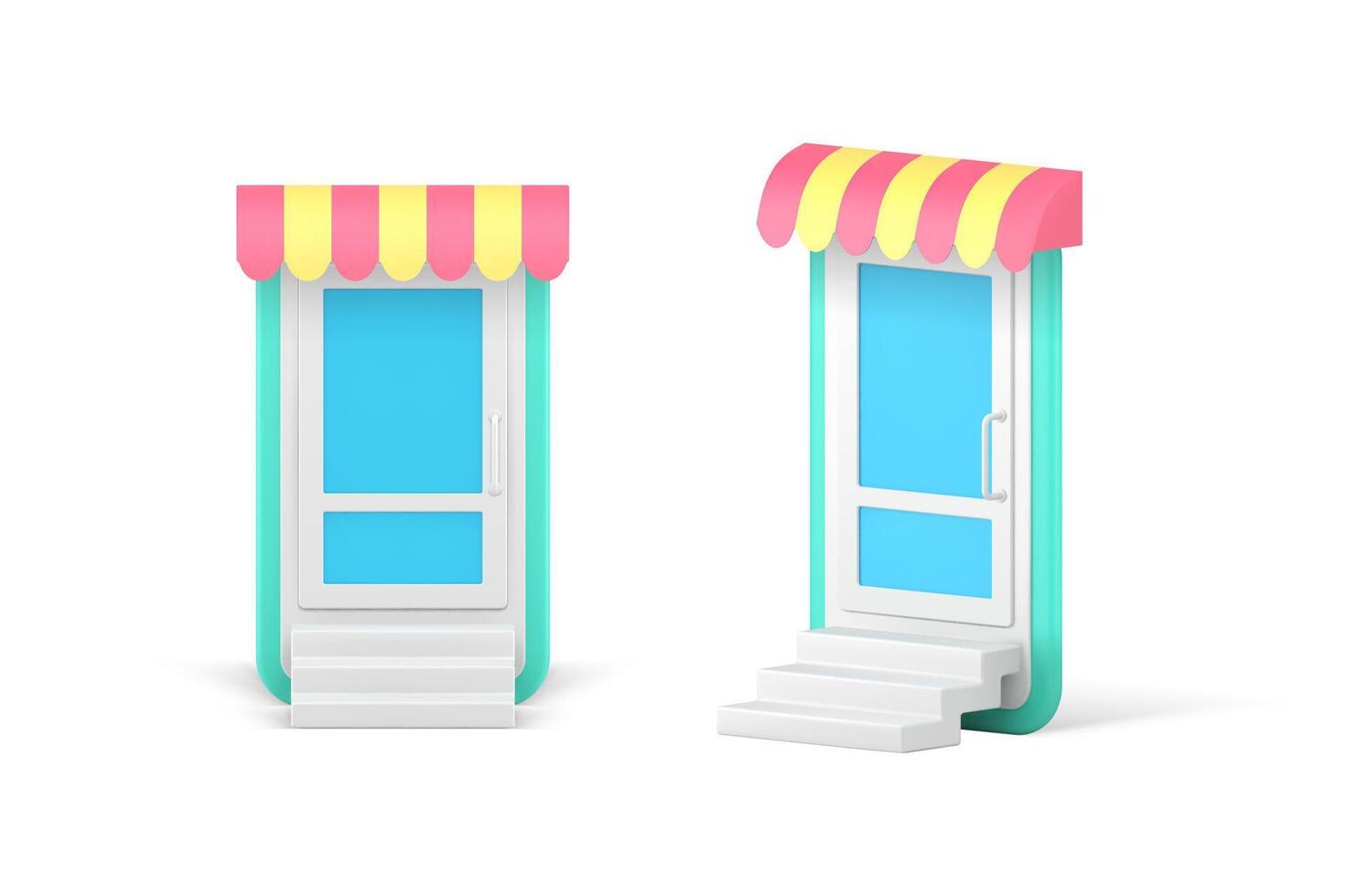 Online shopping awning store smartphone interface internet purchasing 3d icon set realistic vector