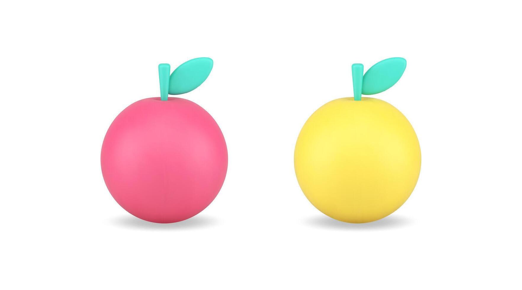 Apple with leaf red yellow harvest summer vitamin fruit juicy nutritious 3d icon set vector
