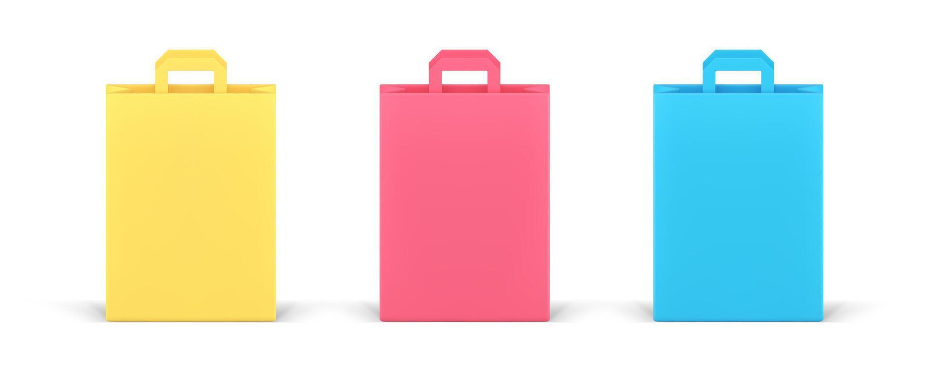 Paper shopping bag recycling commercial package goods carrying 3d icon set realistic vector