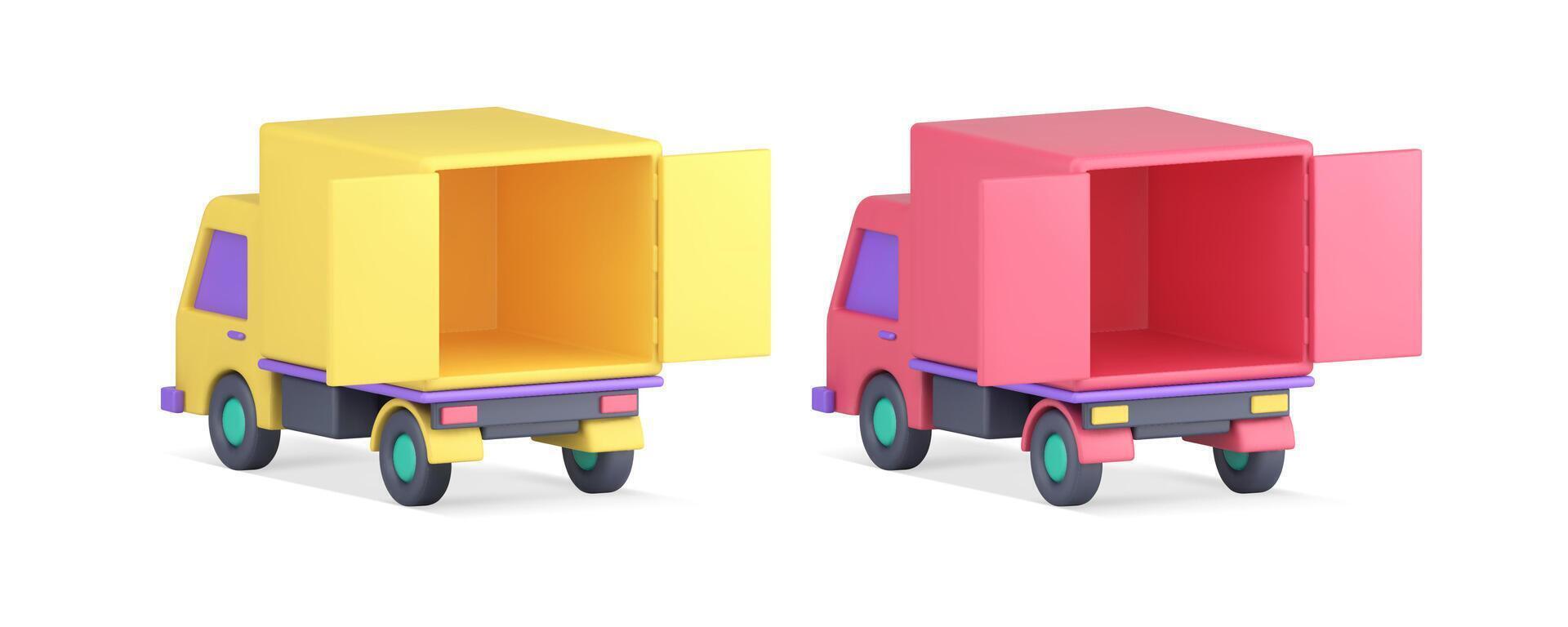 Truck lorry empty open container for cargo goods order delivery back view 3d icon set vector