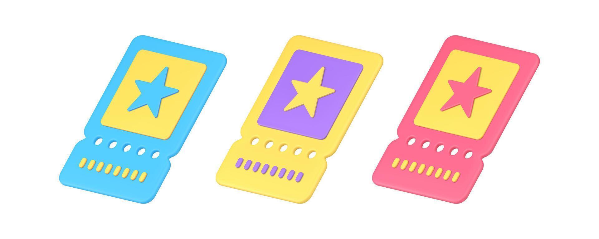 Ticket admission pass coupon cinema event concert 3d icon set realistic illustration vector