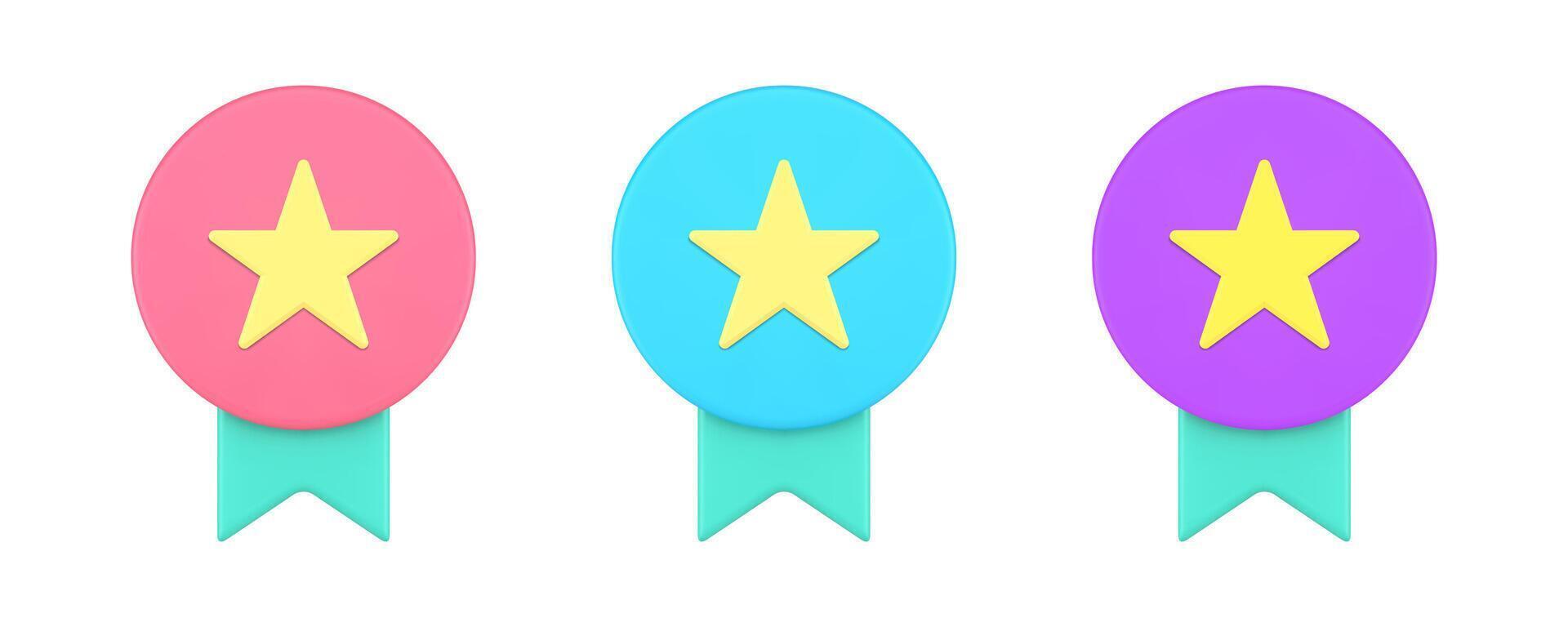 Winner medal with star ribbon award premium quality guarantee 3d icon set realistic vector