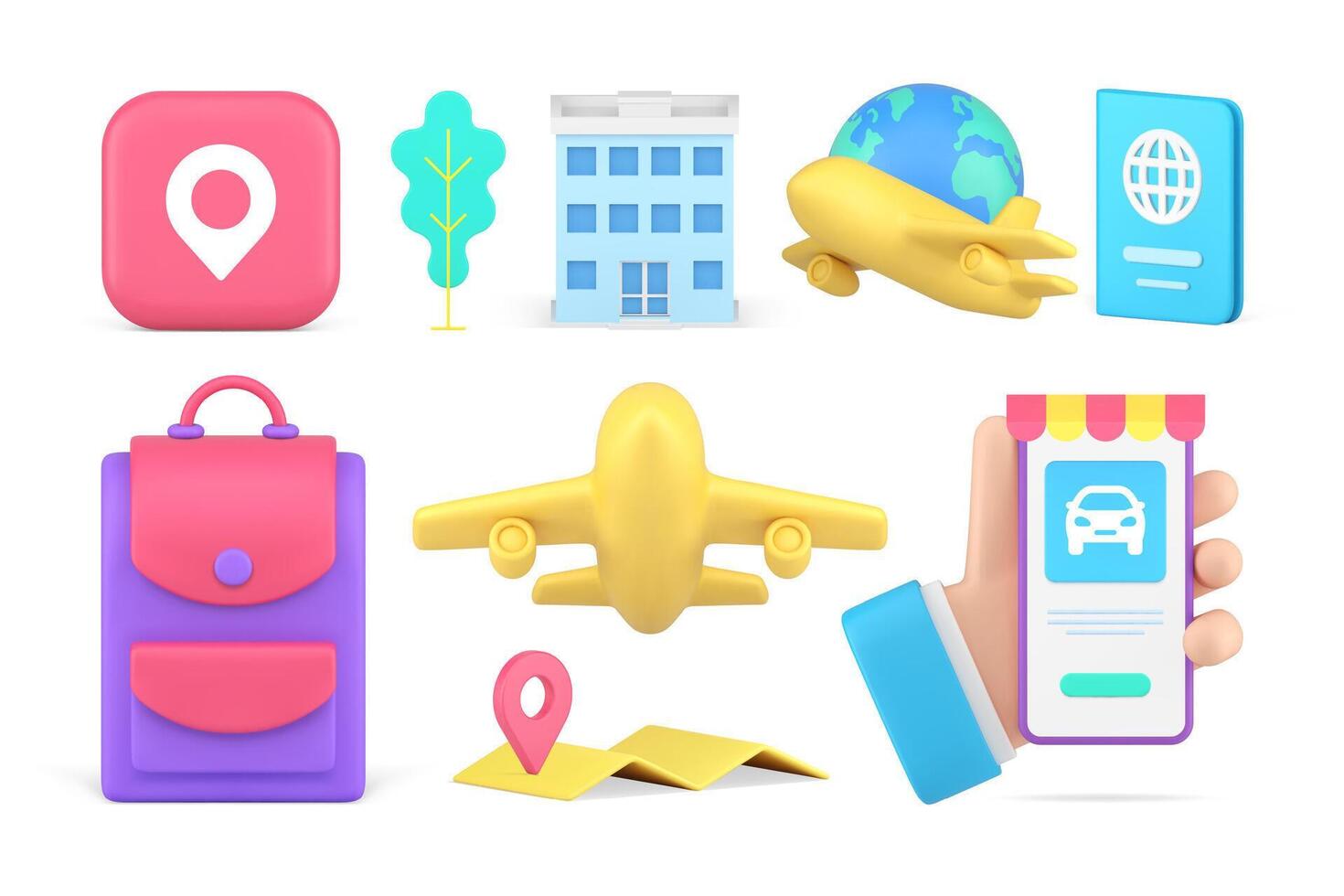 Travel tour tourism journey adventure transportation online booking destination set 3d icon vector