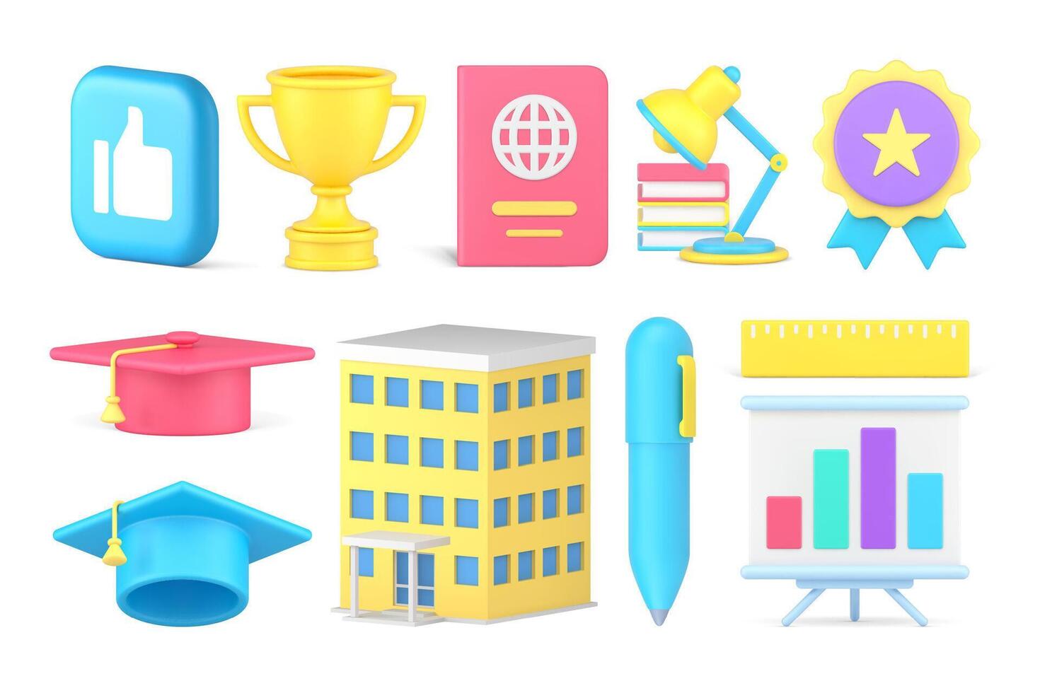 Education success graduation diploma medal school college university achievement set 3d icon vector