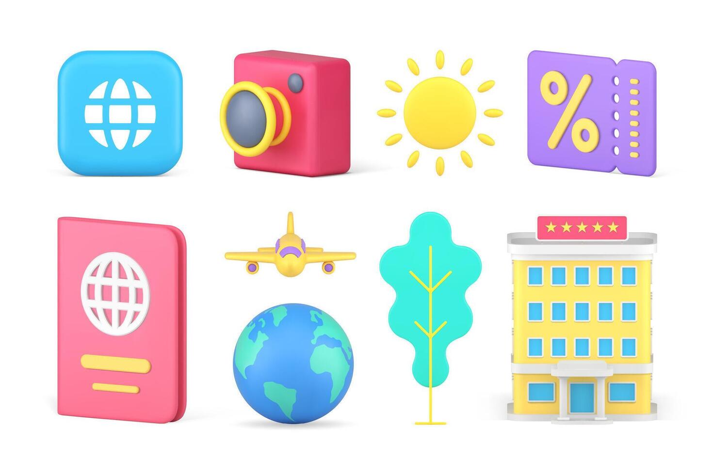 Time to travel summer vacation global exploration flying adventure set 3d icon realistic vector