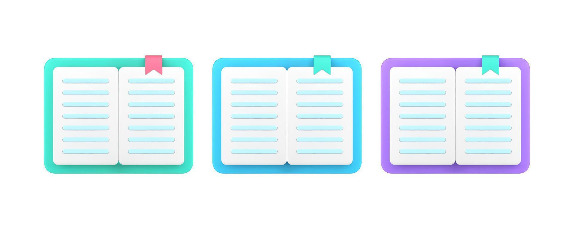 Open paper book with bookmark text pages academic education 3d icon set realistic vector