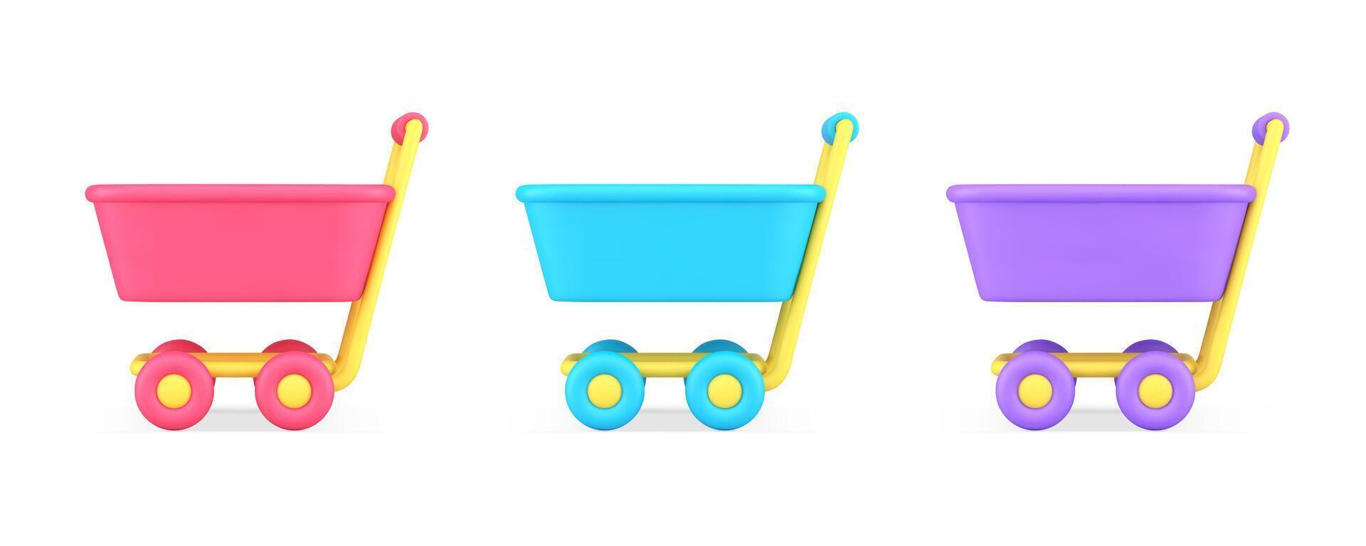 Pushcart supermarket trolley with handle wheels for purchase carrying 3d icon set realistic vector