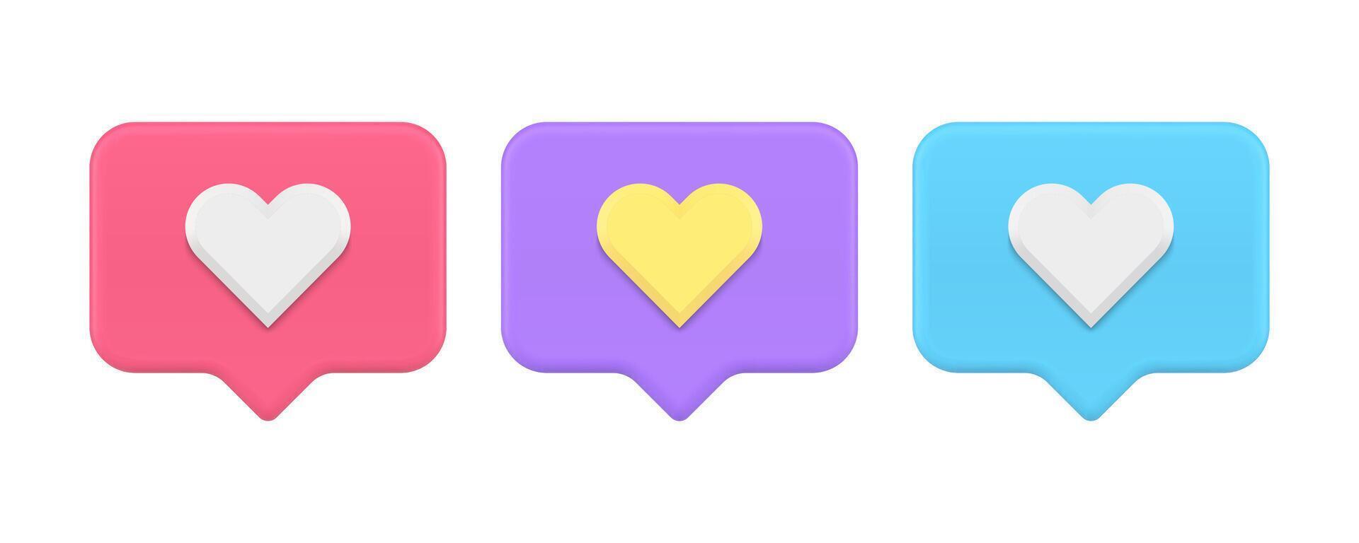 Like evaluation social media communication heart badge speech bubble 3d icon set realistic vector