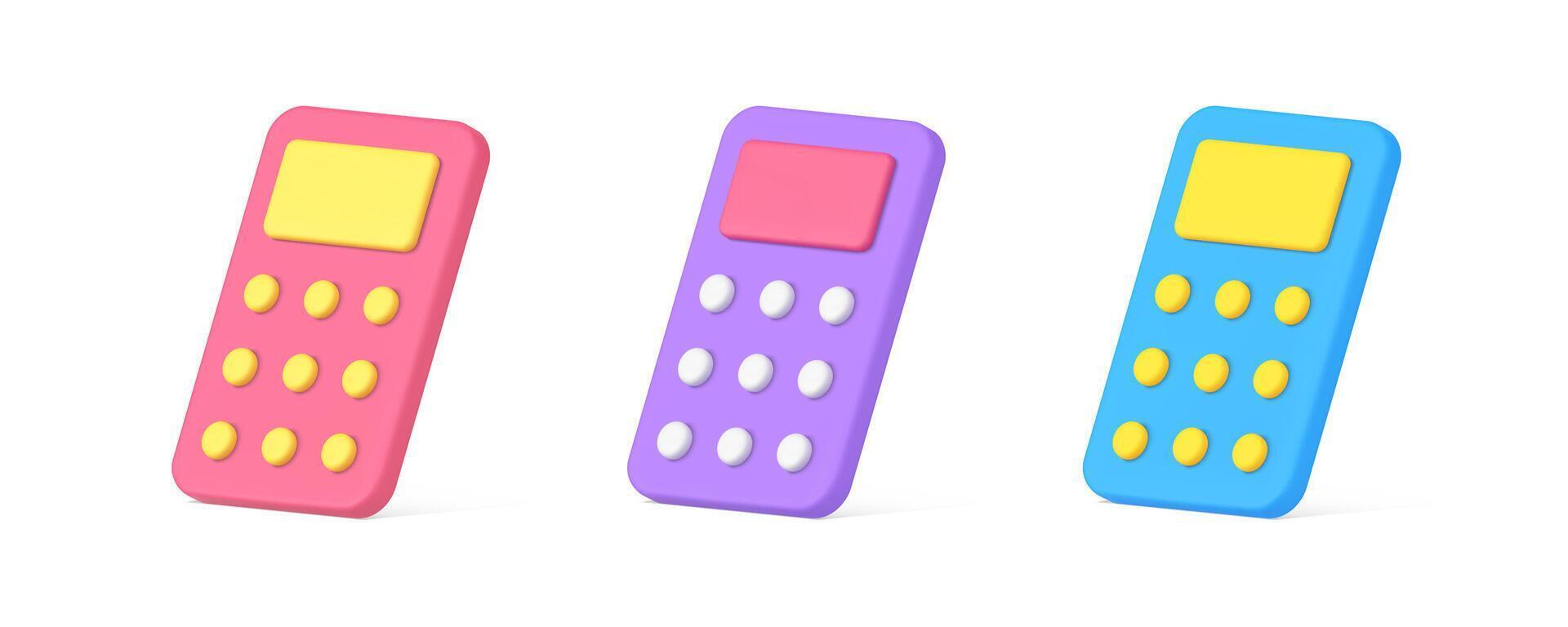 Math calculator device with buttons and display for numbers counting 3d icon set realistic vector