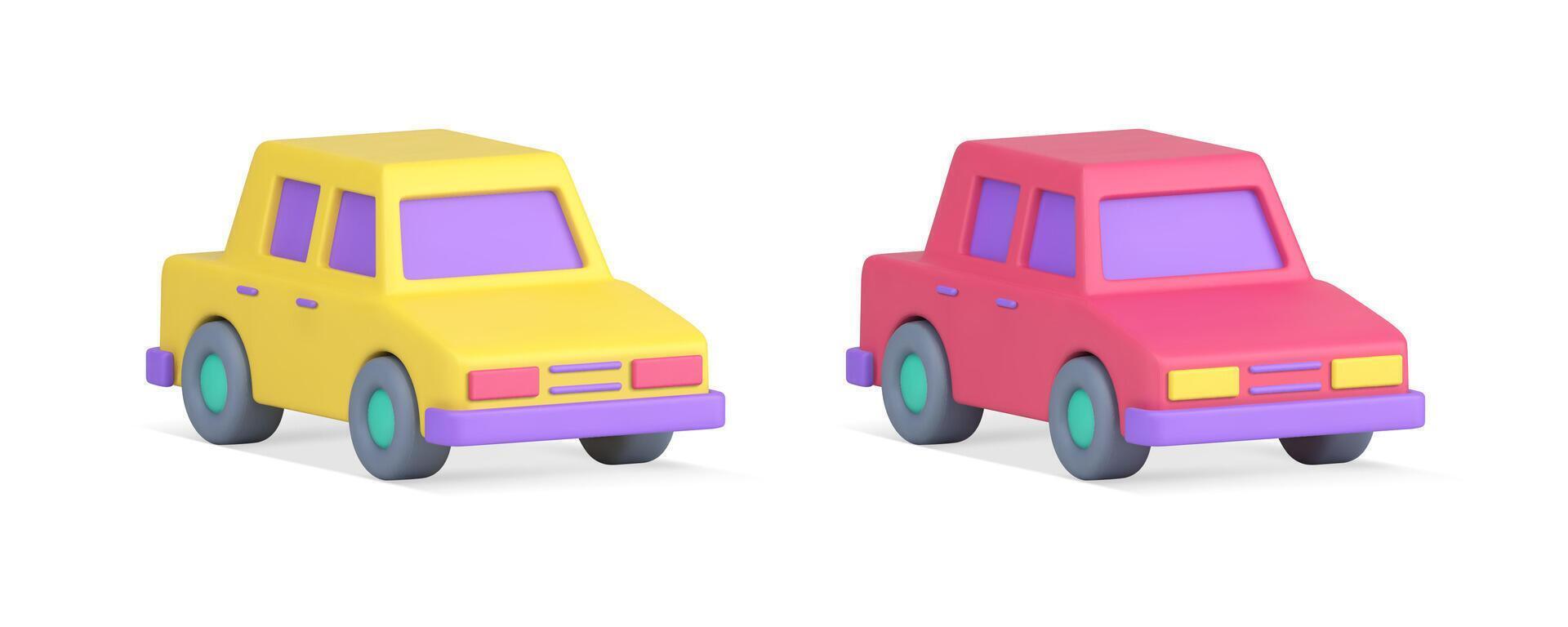 Auto car yellow pink city transportation passenger sedan automobile driving 3d icon set vector