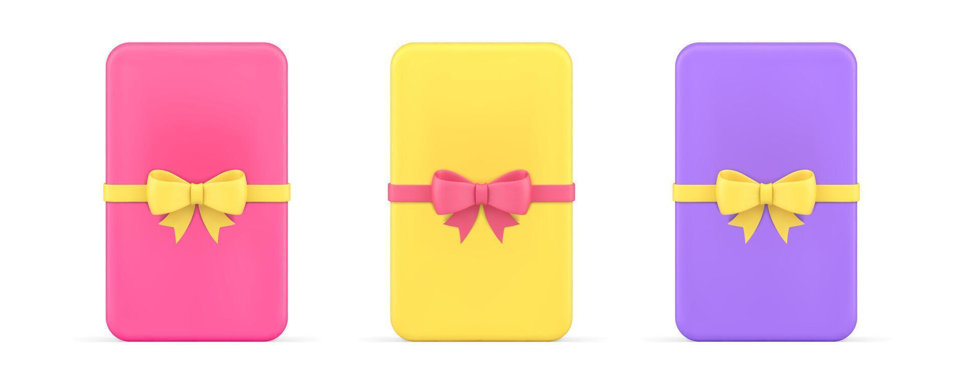 Present container slim package with bow ribbon smartphone enclosed box 3d icon set realistic vector