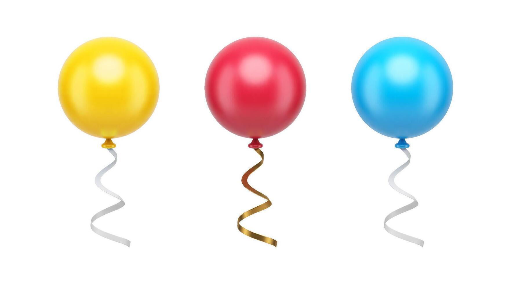 Helium balloon circle flying party decor element with curved ribbon 3d icon set realistic vector
