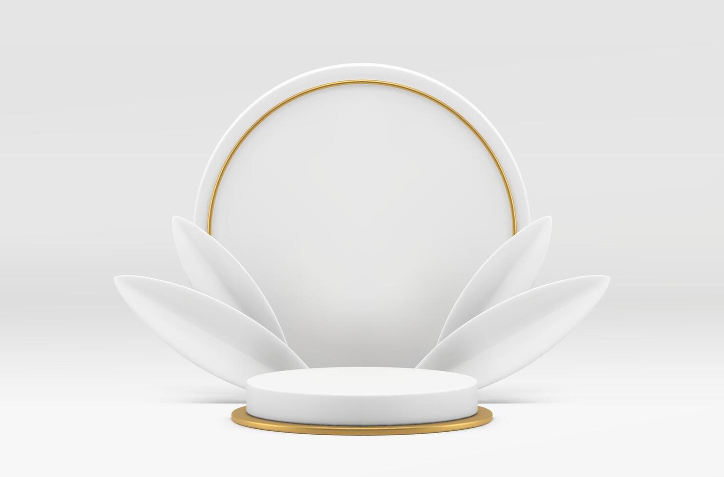 White 3d podium cylinder foundation with golden round frame leaves realistic illustration vector