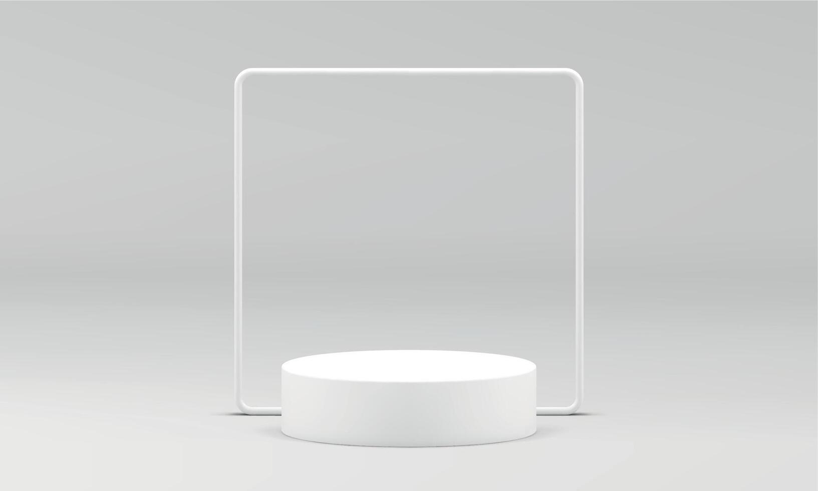Cylinder pedestal white squared frame showcase product presentation 3d design realistic vector