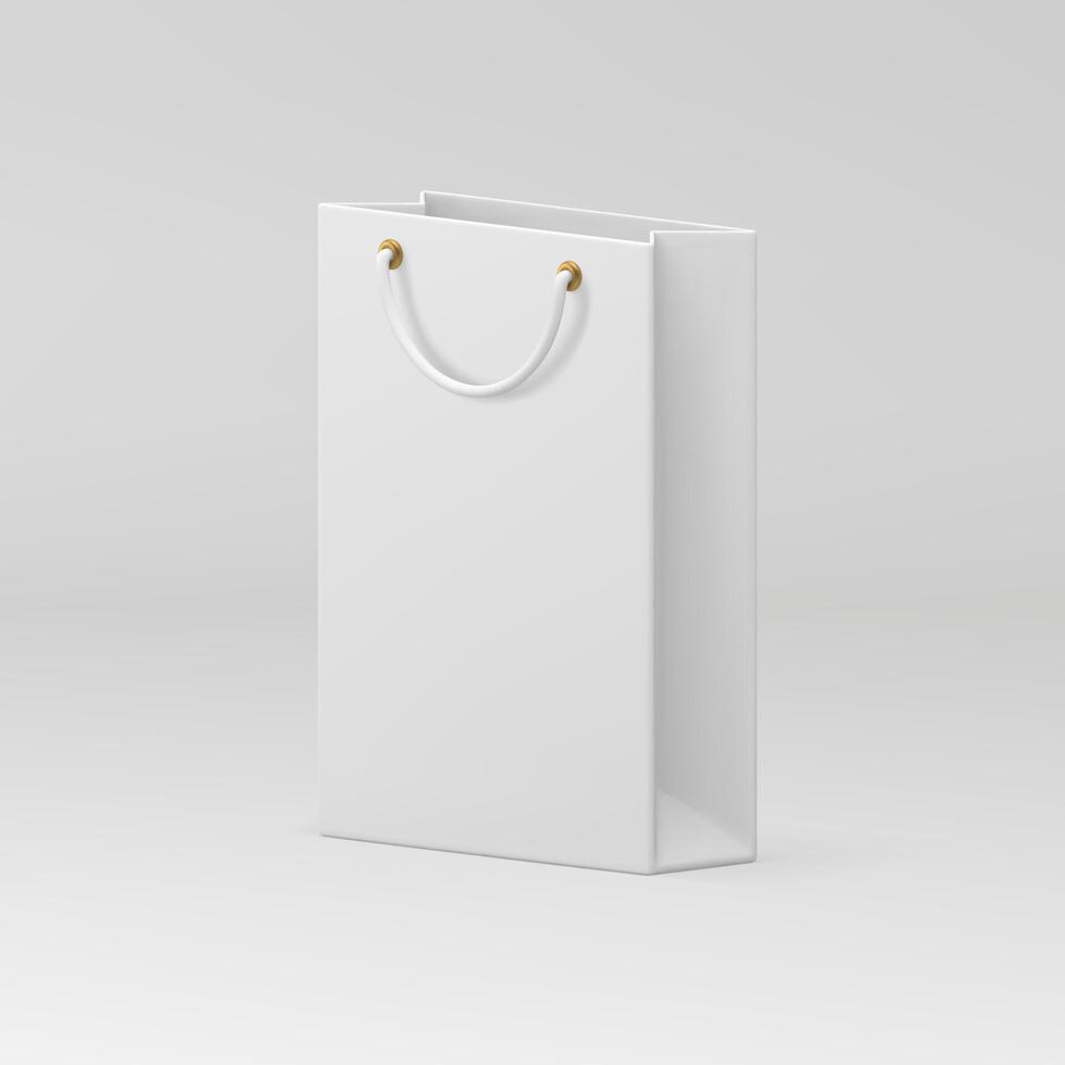 Paper shopping bag 3d white package purchasing goods carrying realistic illustration vector