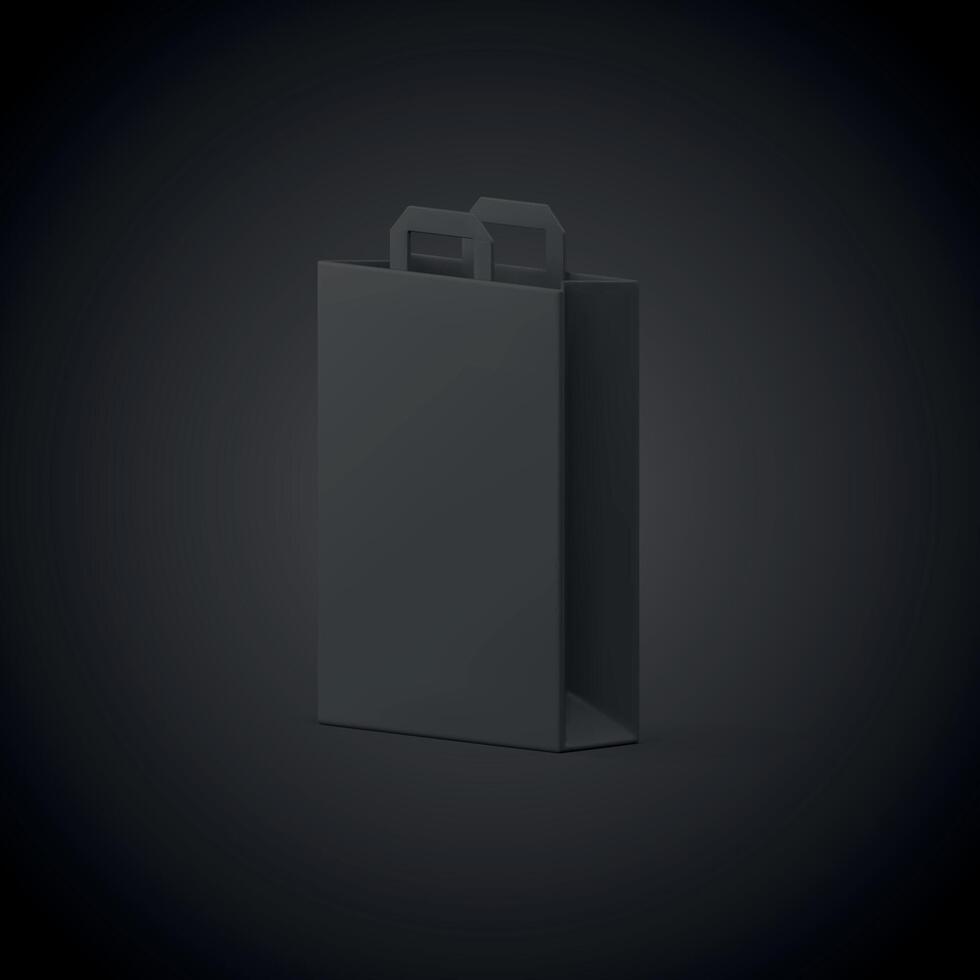 3d black shopping bag male gift premium paper package with handles realistic icon vector