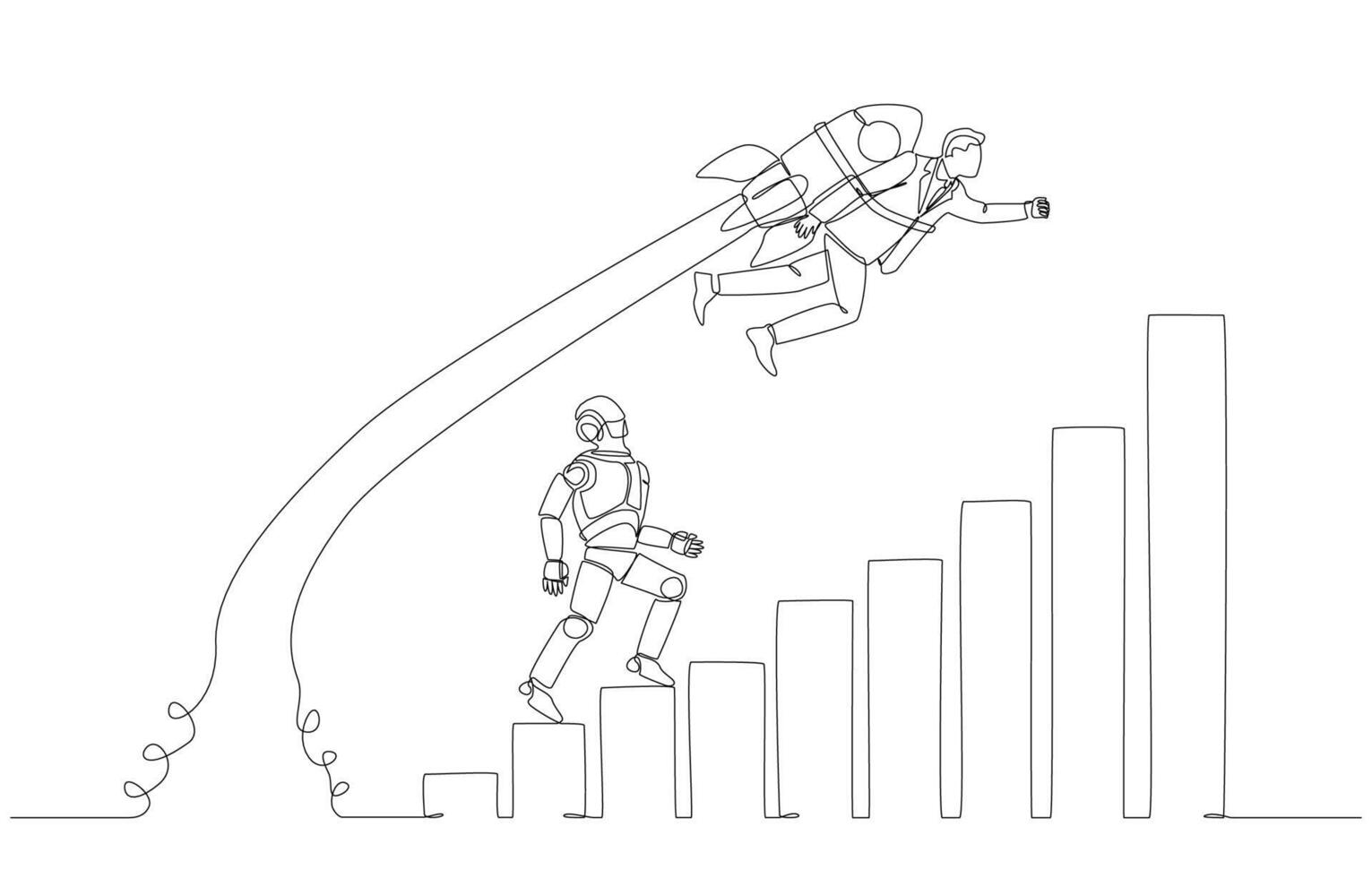 Continuous one line drawing of businessman with rocket booster overtaking robot stepping up on rising bar graph, upskilling in AI era concept, single line art. vector