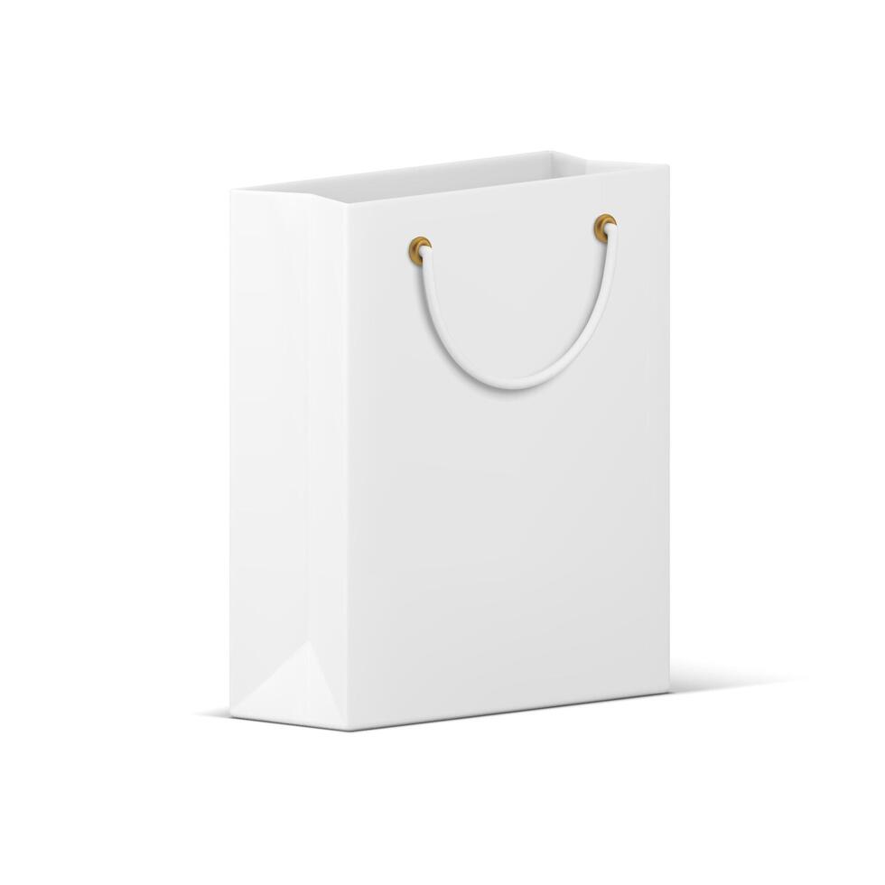 White elegant paper shopping bag sale discount festive package with handles 3d icon realistic vector