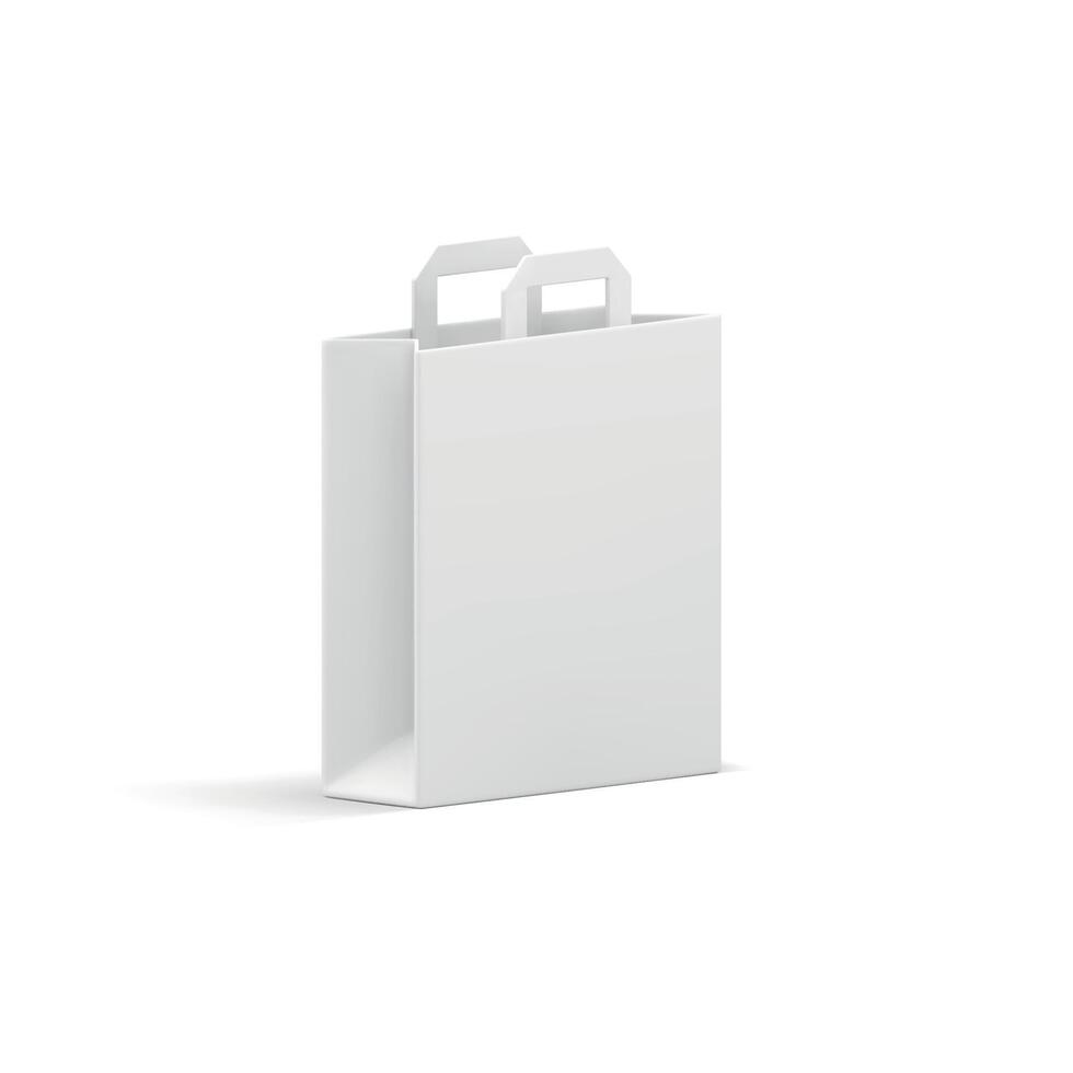 Shopping bag white paper package with handles for grocery supermarket goods carrying 3d icon vector