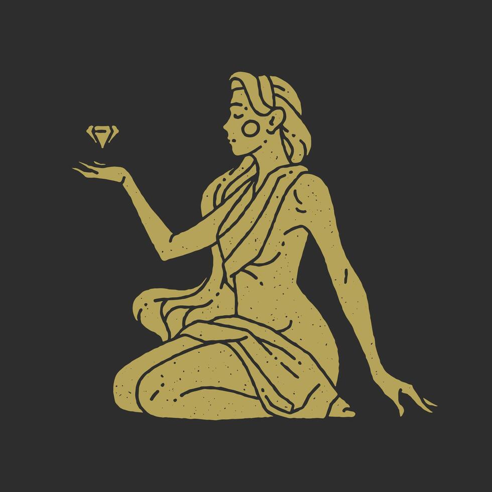 Antique Greek esoteric woman goddess holding gems jewellery grunge texture minimalist design vector