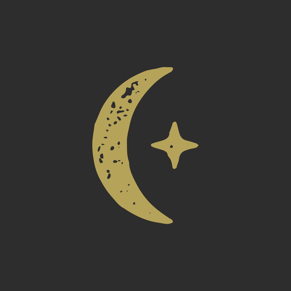 Magic half moon with star golden hand drawn icon grunge texture effect illustration vector