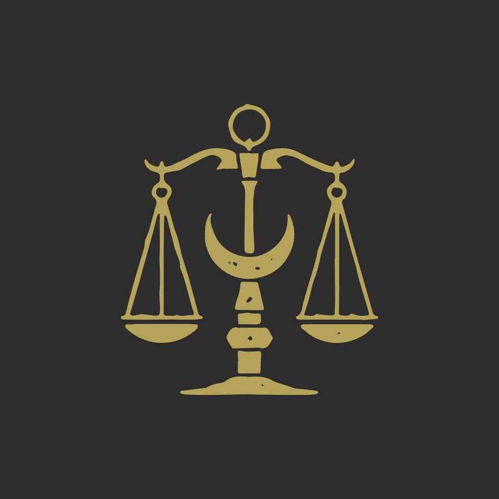 Retro scales with hanged bowls and half moon symbol of balance, harmony, equality, wisdom grunge vector