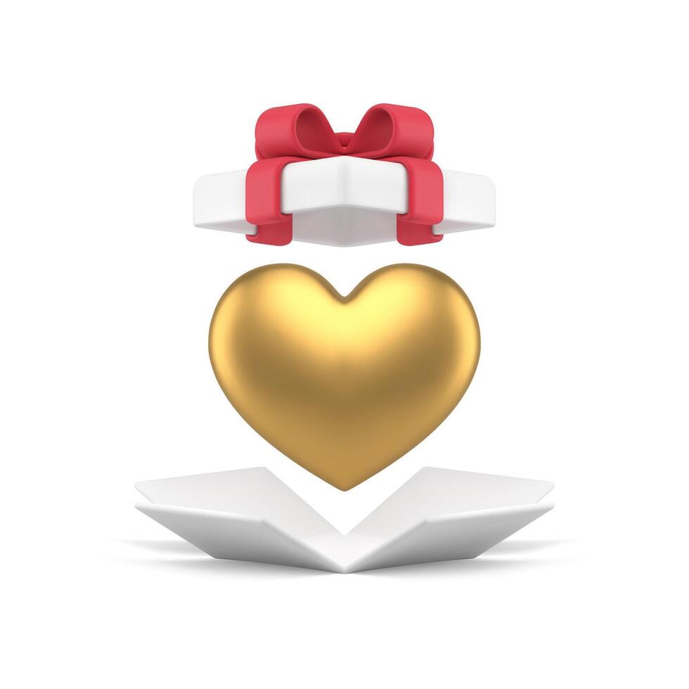 Romantic present package open gift box with huge golden heart 3d icon realistic illustration vector