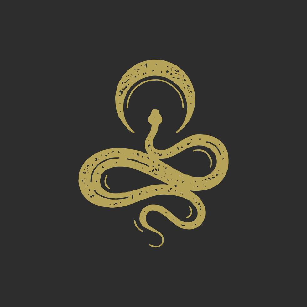 Antique curved snake with half moon crown esoteric symbol decorative design grunge texture vector