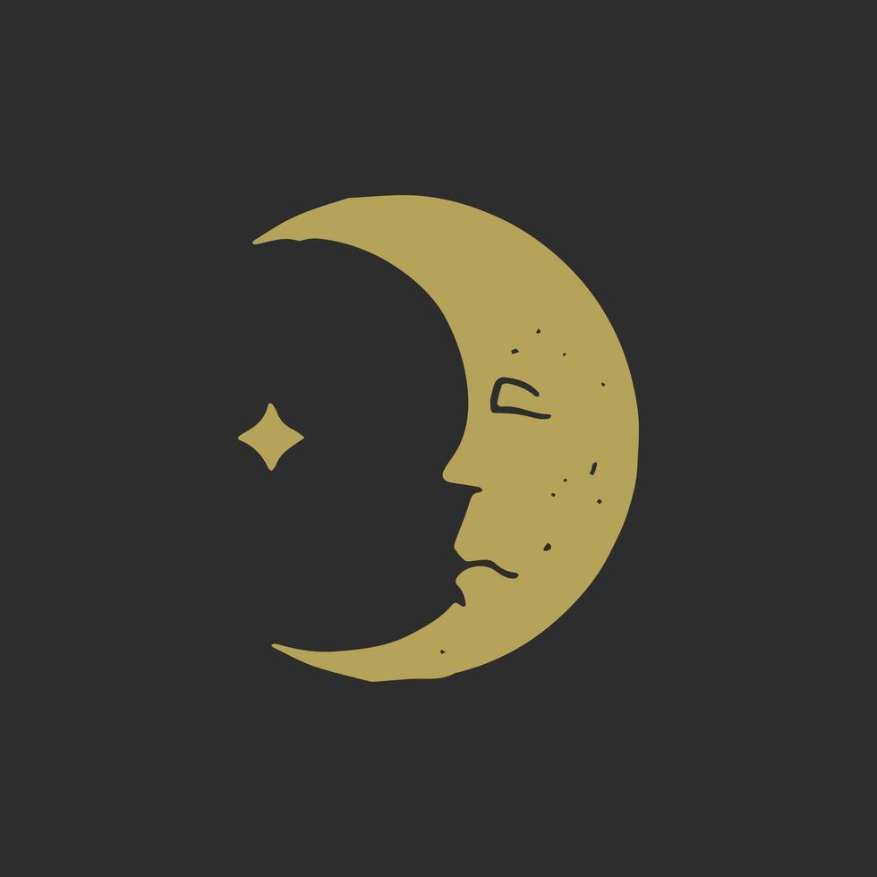 Crescent esoteric sleep face and star antique hand drawn outline grunge texture illustration vector