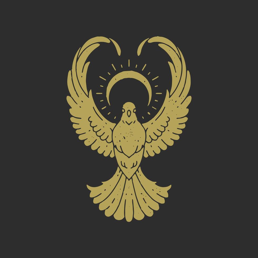 Amazing spiritual bird with raised wings under half moon and rays decorative design grunge texture vector