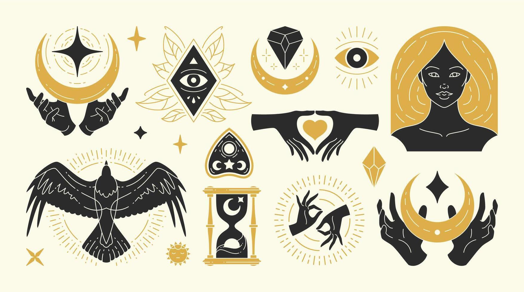 Magic woman illustrations of graceful feminine women and esoteric symbols set vector