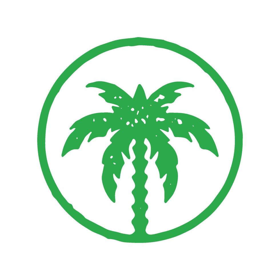 Green palm tree with ornamental trunk and lush foliage leaves in circle frame summer resort vector