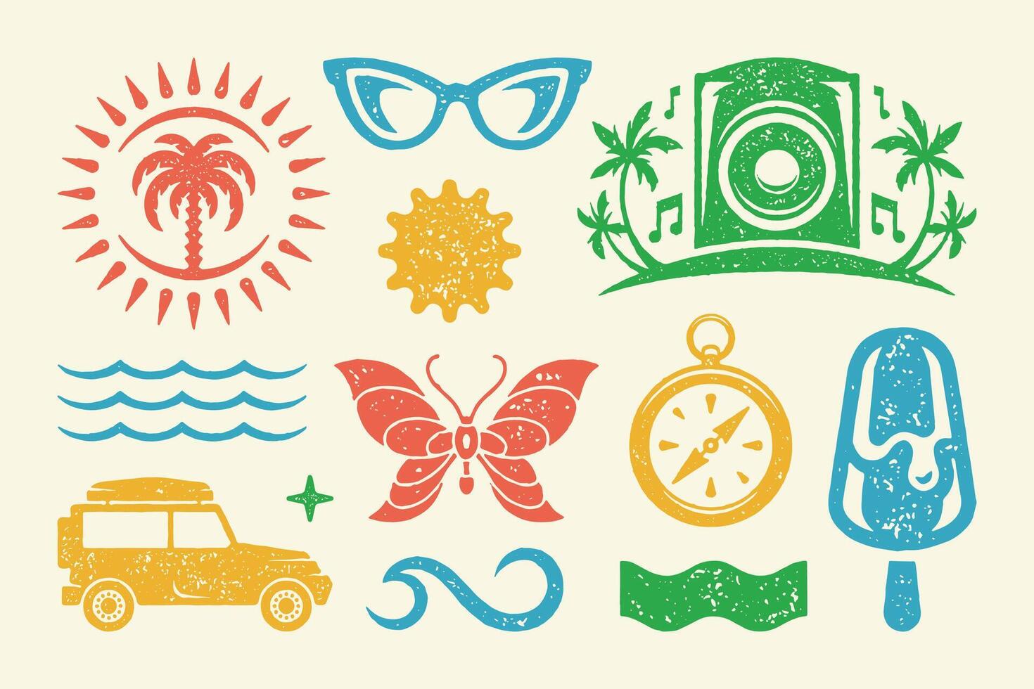 Summer symbols and objects set illustration. Tropical palm tree in sun and jeep for travel vector