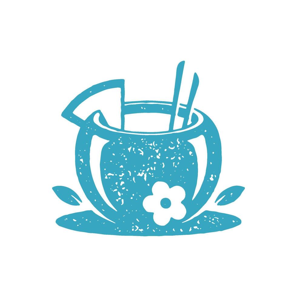 Cute summer cocktail in coconut with fruit slice and straw decorated by tenderness flower vector