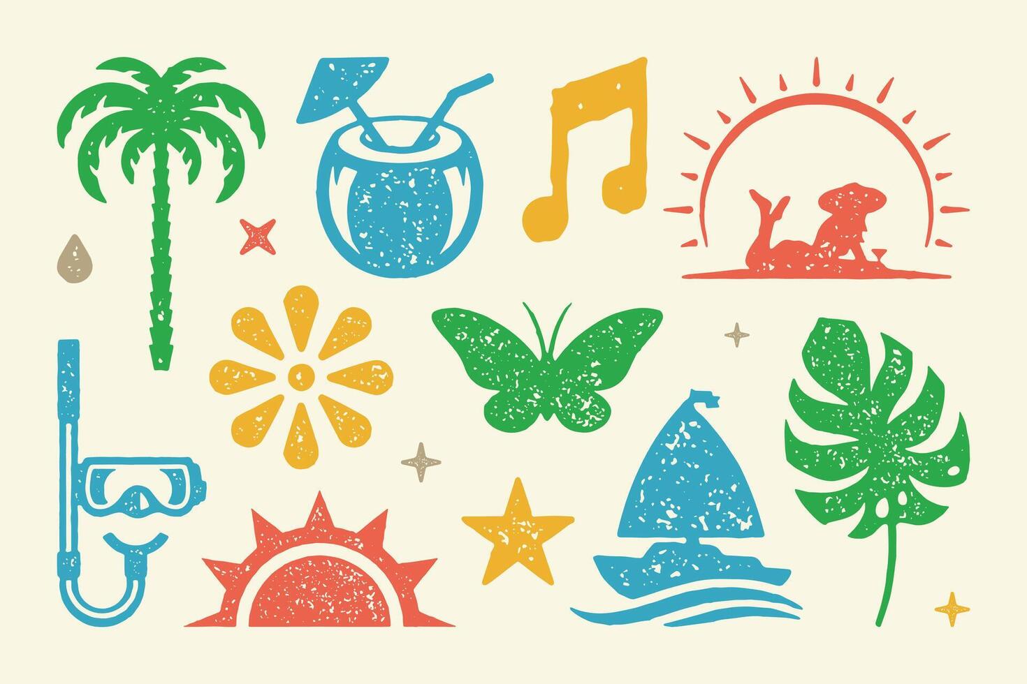 Summer symbols and objects set illustration. Lush palm with coconut cocktail vector