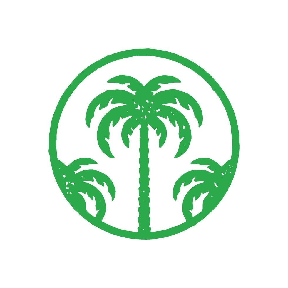 Natural palm trees in circle frame sea beach resort logotype hand drawn grunge texture vector