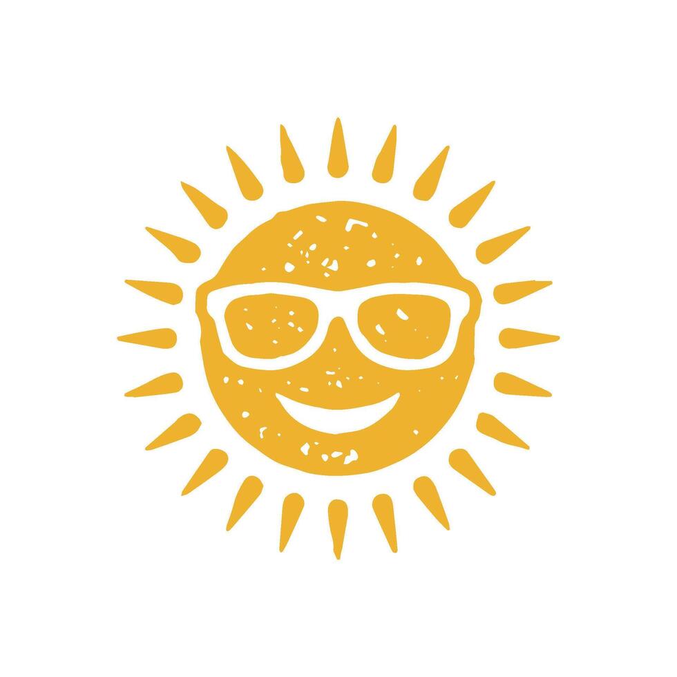 Bright yellow summer sun wearing sunglasses smiling with positive emotion hand drawn grunge texture vector