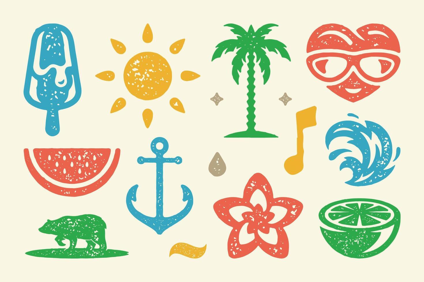 Summer symbols and objects set illustration. Abstract heart in glasses with sea wave and slice lime vector